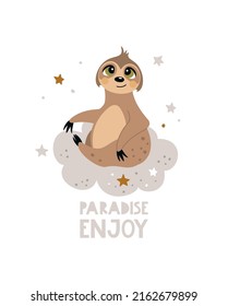 Summer postcard with a cute sloth on the background. A handwritten greeting. Vector illustration.