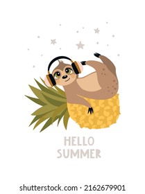Summer postcard with a cute sloth on the background. A handwritten greeting. Vector illustration.