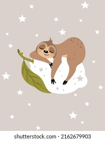 Summer postcard with a cute sloth on the background. A handwritten greeting. Vector illustration.