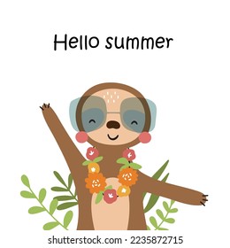 Summer postcard with a cute sloth on the background. A handwritten greeting: Hello Summer. Vector illustration.