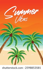 Summer Postcard Design with Palm Trees Flat Vector Illustration.
