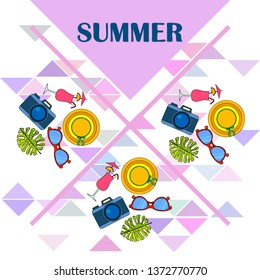 Summer postcard design. Sunglasses, camera, cocktail, leaf of a tropical plant, hat. Vector background.
