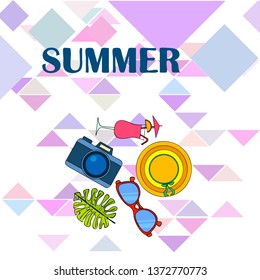 Summer postcard design. Sunglasses, camera, cocktail, leaf of a tropical plant, hat. Vector background.