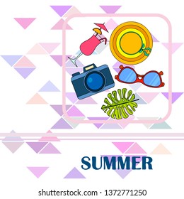 Summer postcard design. Sunglasses, camera, cocktail, leaf of a tropical plant, hat. Vector background.