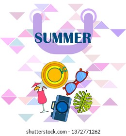 Summer postcard design. Sunglasses, camera, cocktail, leaf of a tropical plant, hat. Vector background.