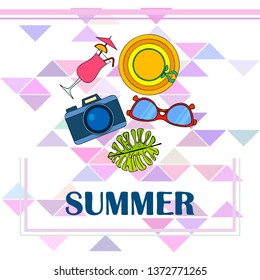 Summer postcard design. Sunglasses, camera, cocktail, leaf of a tropical plant, hat. Vector background.