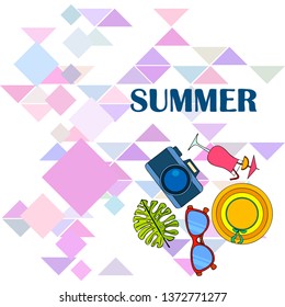 Summer postcard design. Sunglasses, camera, cocktail, leaf of a tropical plant, hat. Vector background.
