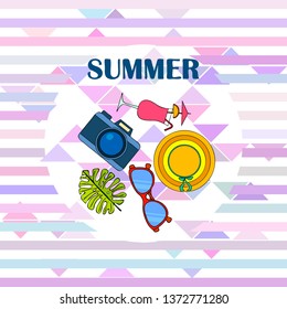 Summer postcard design. Sunglasses, camera, cocktail, leaf of a tropical plant, hat. Vector background.