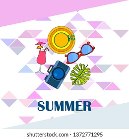 Summer postcard design. Sunglasses, camera, cocktail, leaf of a tropical plant, hat. Vector background.