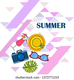Summer postcard design. Sunglasses, camera, cocktail, leaf of a tropical plant, hat. Vector background.