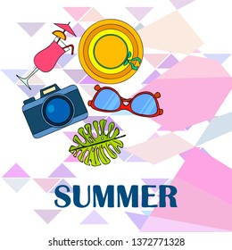 Summer postcard design. Sunglasses, camera, cocktail, leaf of a tropical plant, hat. Vector background.