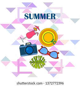 Summer postcard design. Sunglasses, camera, cocktail, leaf of a tropical plant, hat. Vector background.