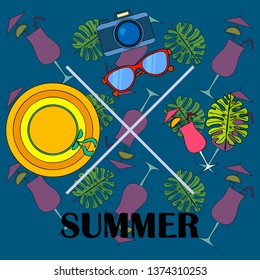 Summer postcard design. Sunglasses, camera, cocktail, leaf of a tropical plant, hat. Vector background.