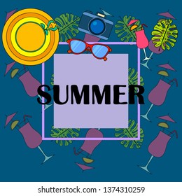 Summer postcard design. Sunglasses, camera, cocktail, leaf of a tropical plant, hat. Vector background.
