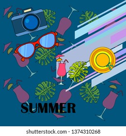 Summer postcard design. Sunglasses, camera, cocktail, leaf of a tropical plant, hat. Vector background.