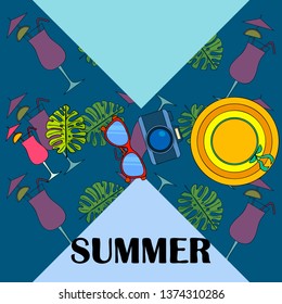 Summer postcard design. Sunglasses, camera, cocktail, leaf of a tropical plant, hat. Vector background.