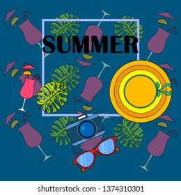 Summer postcard design. Sunglasses, camera, cocktail, leaf of a tropical plant, hat. Vector background.