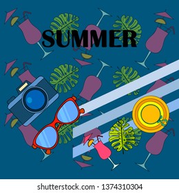 Summer postcard design. Sunglasses, camera, cocktail, leaf of a tropical plant, hat. Vector background.