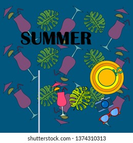 Summer postcard design. Sunglasses, camera, cocktail, leaf of a tropical plant, hat. Vector background.