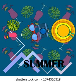 Summer postcard design. Sunglasses, camera, cocktail, leaf of a tropical plant, hat. Vector background.