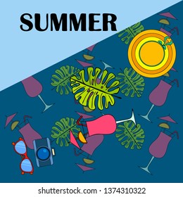 Summer postcard design. Sunglasses, camera, cocktail, leaf of a tropical plant, hat. Vector background.