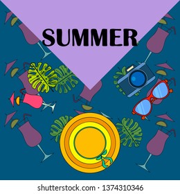 Summer postcard design. Sunglasses, camera, cocktail, leaf of a tropical plant, hat. Vector background.