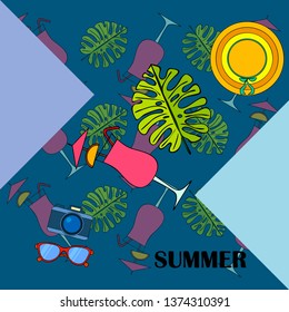 Summer postcard design. Sunglasses, camera, cocktail, leaf of a tropical plant, hat. Vector background.