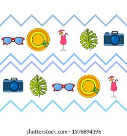 Summer postcard design. Sunglasses, camera, cocktail, leaf of a tropical plant, hat. Vector background