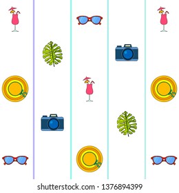Summer postcard design. Sunglasses, camera, cocktail, leaf of a tropical plant, hat. Vector background