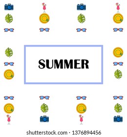 Summer postcard design. Sunglasses, camera, cocktail, leaf of a tropical plant, hat. Vector background