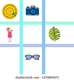 Summer postcard design. Sunglasses, camera, cocktail, leaf of a tropical plant, hat. Vector background