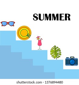 Summer postcard design. Sunglasses, camera, cocktail, leaf of a tropical plant, hat. Vector background
