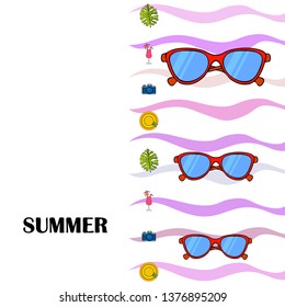 Summer postcard design. Sunglasses, camera, cocktail, leaf of a tropical plant, hat. Vector background
