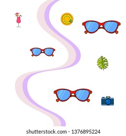 Summer postcard design. Sunglasses, camera, cocktail, leaf of a tropical plant, hat. Vector background