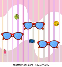 Summer postcard design. Sunglasses, camera, cocktail, leaf of a tropical plant, hat. Vector background