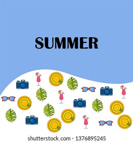 Summer postcard design. Sunglasses, camera, cocktail, leaf of a tropical plant, hat. Vector background