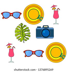 Summer postcard design. Sunglasses, camera, cocktail, leaf of a tropical plant, hat. Vector background