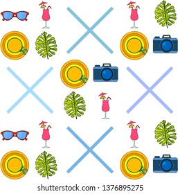 Summer postcard design. Sunglasses, camera, cocktail, leaf of a tropical plant, hat. Vector background