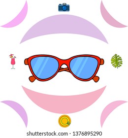 Summer postcard design. Sunglasses, camera, cocktail, leaf of a tropical plant, hat. Vector background