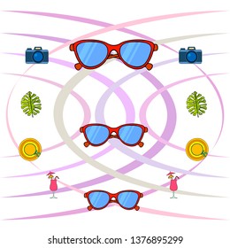 Summer postcard design. Sunglasses, camera, cocktail, leaf of a tropical plant, hat. Vector background