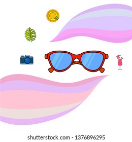 Summer postcard design. Sunglasses, camera, cocktail, leaf of a tropical plant, hat. Vector background