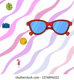 Summer postcard design. Sunglasses, camera, cocktail, leaf of a tropical plant, hat. Vector background