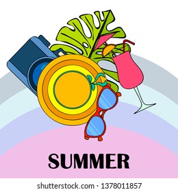 Summer postcard design. Sunglasses, camera, cocktail, leaf of a tropical plant, hat. Vector background