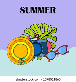 Summer postcard design. Sunglasses, camera, cocktail, leaf of a tropical plant, hat. Vector background