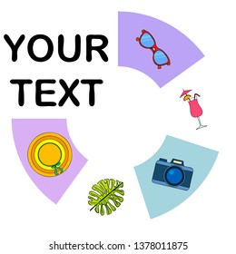 Summer postcard design. Sunglasses, camera, cocktail, leaf of a tropical plant, hat. Vector background