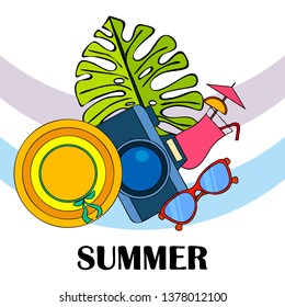 Summer postcard design. Sunglasses, camera, cocktail, leaf of a tropical plant, hat. Vector background