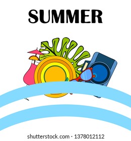 Summer postcard design. Sunglasses, camera, cocktail, leaf of a tropical plant, hat. Vector background