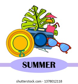 Summer postcard design. Sunglasses, camera, cocktail, leaf of a tropical plant, hat. Vector background