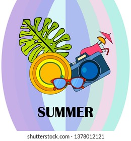 Summer postcard design. Sunglasses, camera, cocktail, leaf of a tropical plant, hat. Vector background