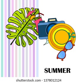 Summer postcard design. Sunglasses, camera, cocktail, leaf of a tropical plant, hat. Vector background